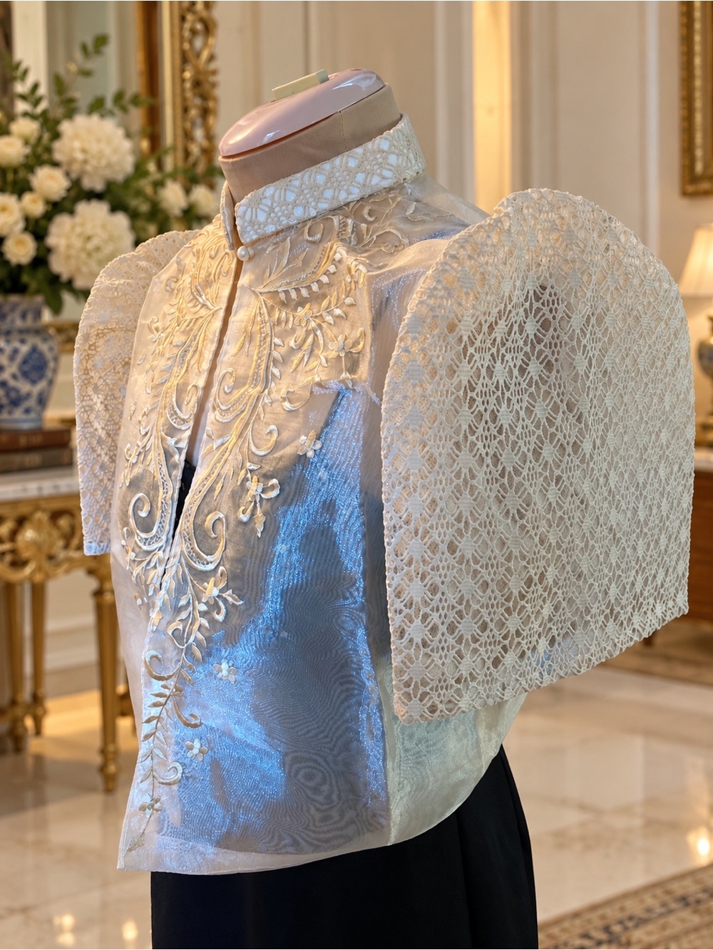 Elegant Filipiniana Lace Bolero – Ivory Cream Embroidered Puff Sleeve Jacket - Picture 4 of 6